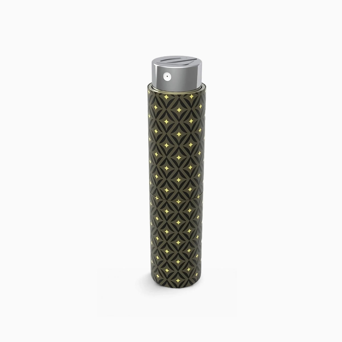 Estuche de bolsillo Olfazeta by Chogan con motivo estrellado negro y dorado, capuchón cromado, sobre fondo blanco
