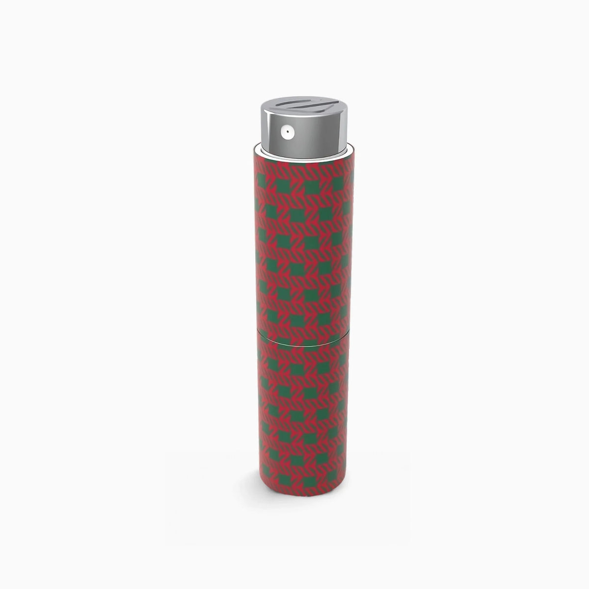 Estuche de bolsillo Olfazeta by Chogan con motivo geométrico rojo y verde, capuchón cromado, fondo blanco