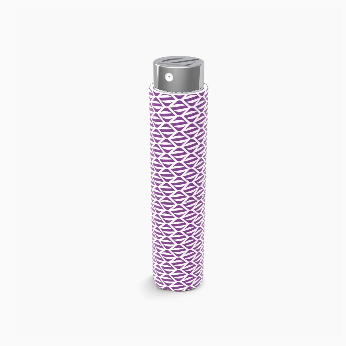 Estuche de bolsillo recargable Olfazeta by Chogan con motivo geométrico violeta y blanco, tapón cromado