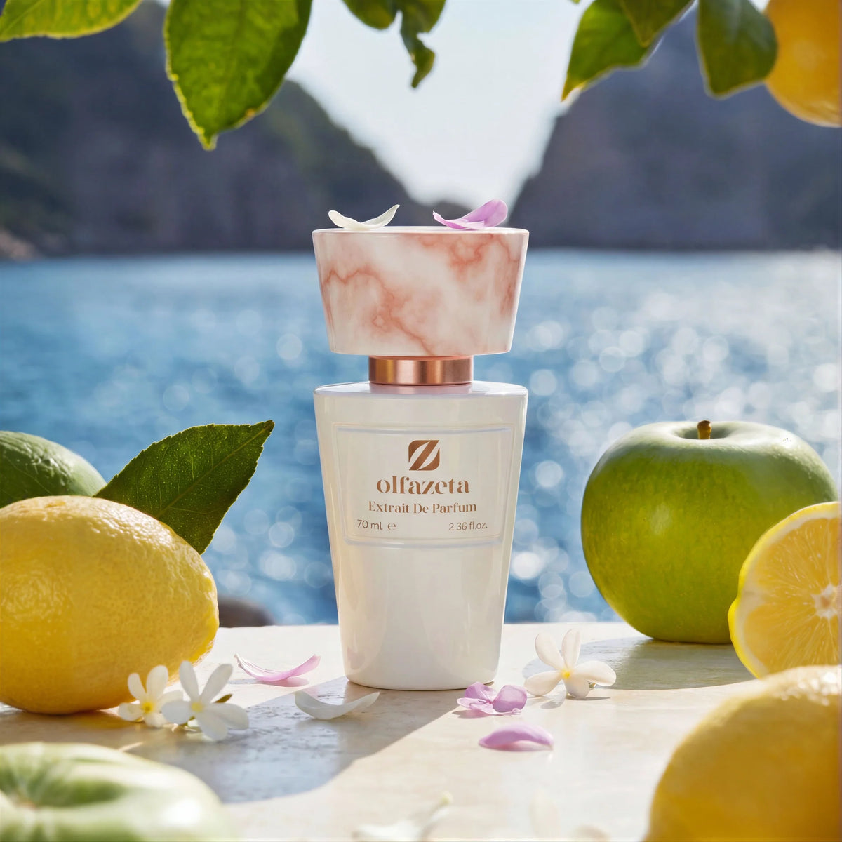 Biały flakon Olfazeta by Chogan Millésime N°11 z widokiem na morze, cytryny, zielone jabłko i kwiaty jaśminu