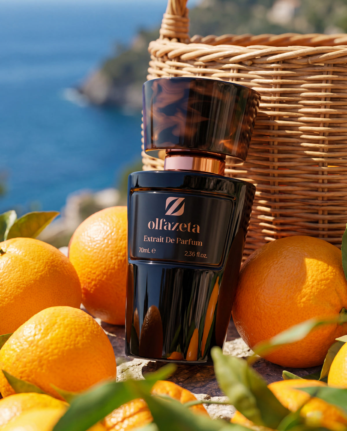 Black bottle Olfazeta by Chogan Millésime N°60 among oranges beside a wicker basket facing the sea