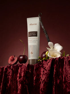 Tube of scented shower gel Olfazeta by Chogan N°111 on burgundy velvet, cherries, white freesia and vanilla
