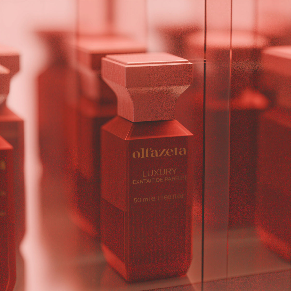 Červený flakon Olfazeta by Chogan Luxury N°146, Extrait de Parfum 50 ml v detailu v tlumeně červené atmosféře